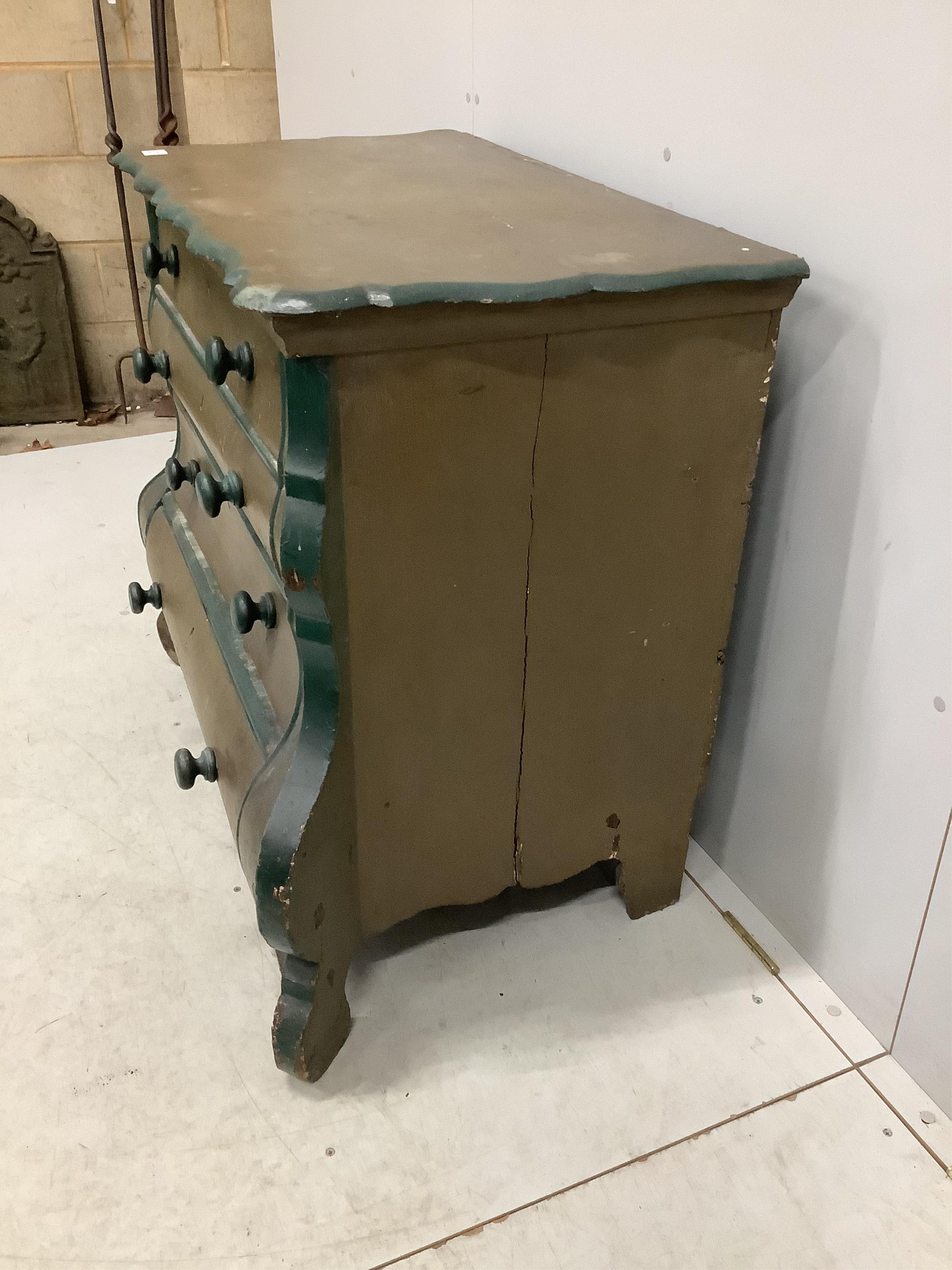 An 18th century Dutch pine bombe fronted chest of drawers, later painted, width 94cm, depth 54cm, height 88cm. Condition - fair